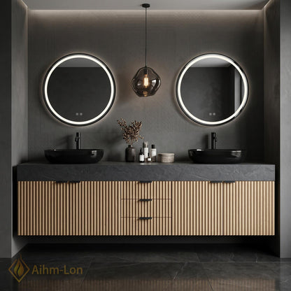 60''-96'' Double Bathroom Vanity with Sink Natural-Wood Modern Slatted-Panel Grain