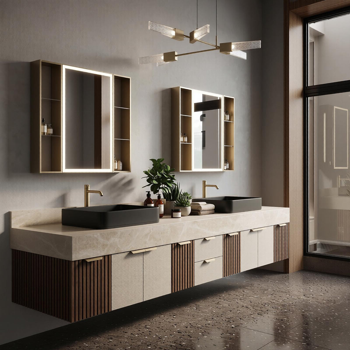 60''-96'' Double Bathroom Vanity with Sink Contemporary Floating Stone Top Open Shelving
