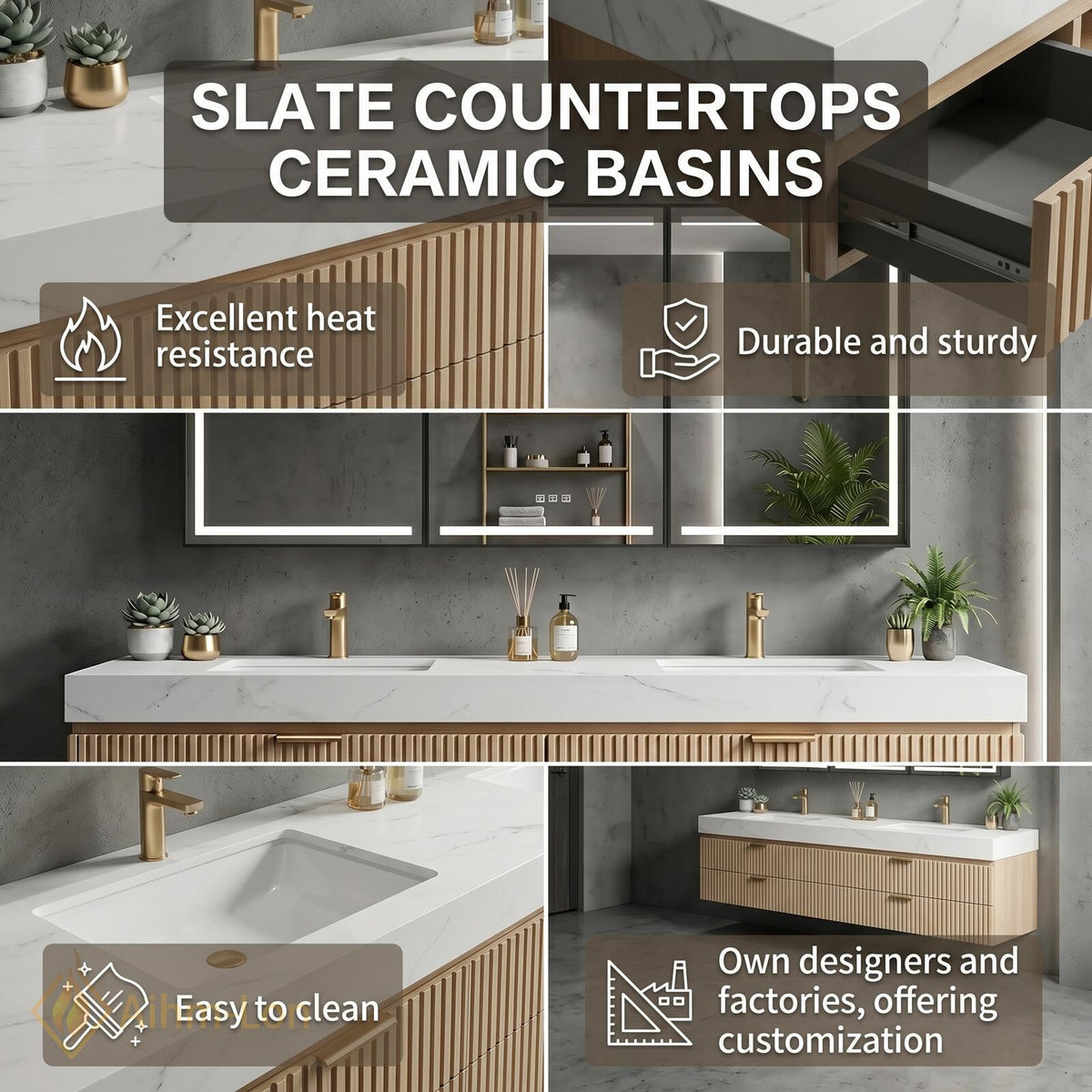 60''-96'' Triple Bathroom Vanity with Sink Warm Oak Slatted Doors White Marble