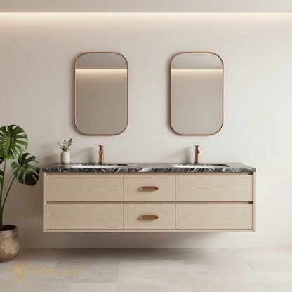 60''-96'' Modern Bathroom Vanity with Sink Floating Dark Marble Copper Anti-Fog Mirror