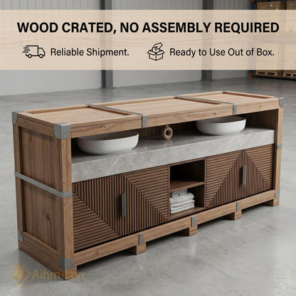 60''-96'' Double Bathroom Vanity with Sink Slatted Doors Rich Walnut Finish Geometric