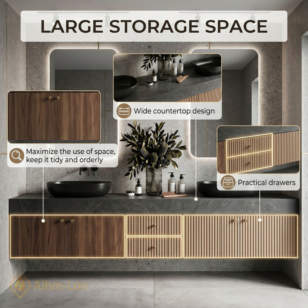 60''-96'' Double Bathroom Vanity with Sink Dark Stone Top Warm Wood Cabinet