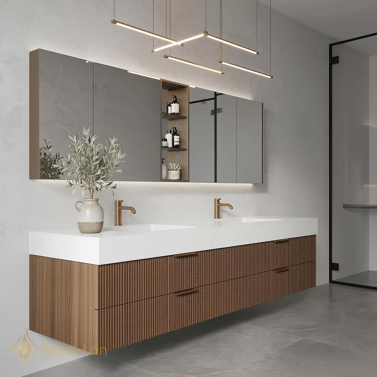 60''-96'' Double Bathroom Vanity with Sink Modern Slatted Wood Front White Solid Storage