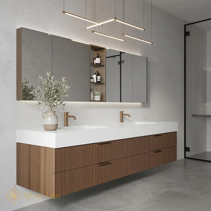 60''-96'' Double Bathroom Vanity with Sink Modern Slatted Wood Front White Solid Storage