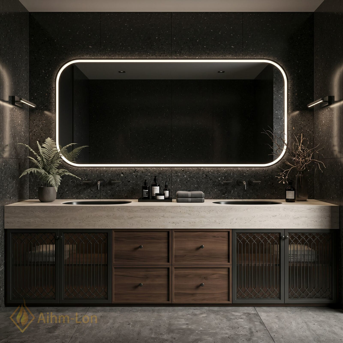76''-96'' Double Bathroom Vanity with Sink Dark Textured Top Wire Mesh Doors