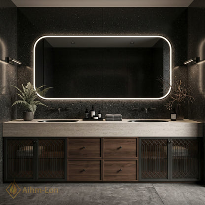 76''-96'' Double Bathroom Vanity with Sink Dark Textured Top Wire Mesh Doors