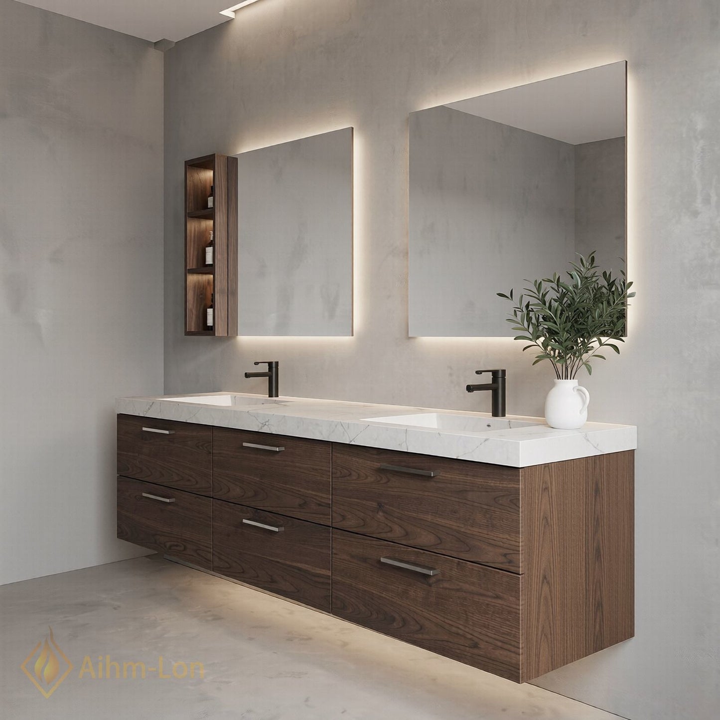 60''-96'' Modern Bathroom Vanity with Sink Dual Sink Marble-Style Top Six Drawers Cabinet