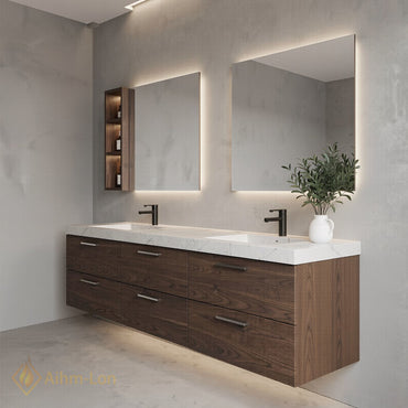 60''-96'' Modern Bathroom Vanity with Sink Dual Sink Marble-Style Top Six Drawers Cabinet