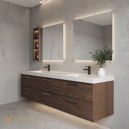 60''-96'' Modern Bathroom Vanity with Sink Dual Sink Marble-Style Top Six Drawers Cabinet