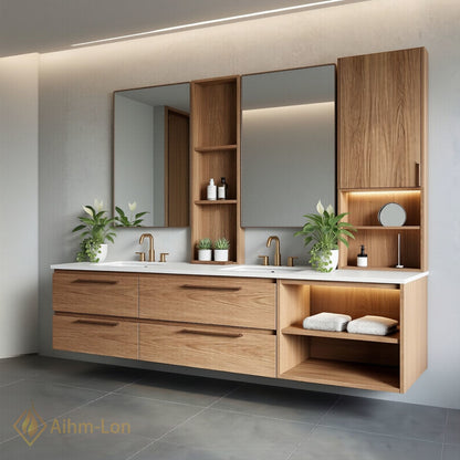 60''-96'' Floating Bathroom Vanity with Sink Slim Profile Natural Oak Open Shelving Mirror