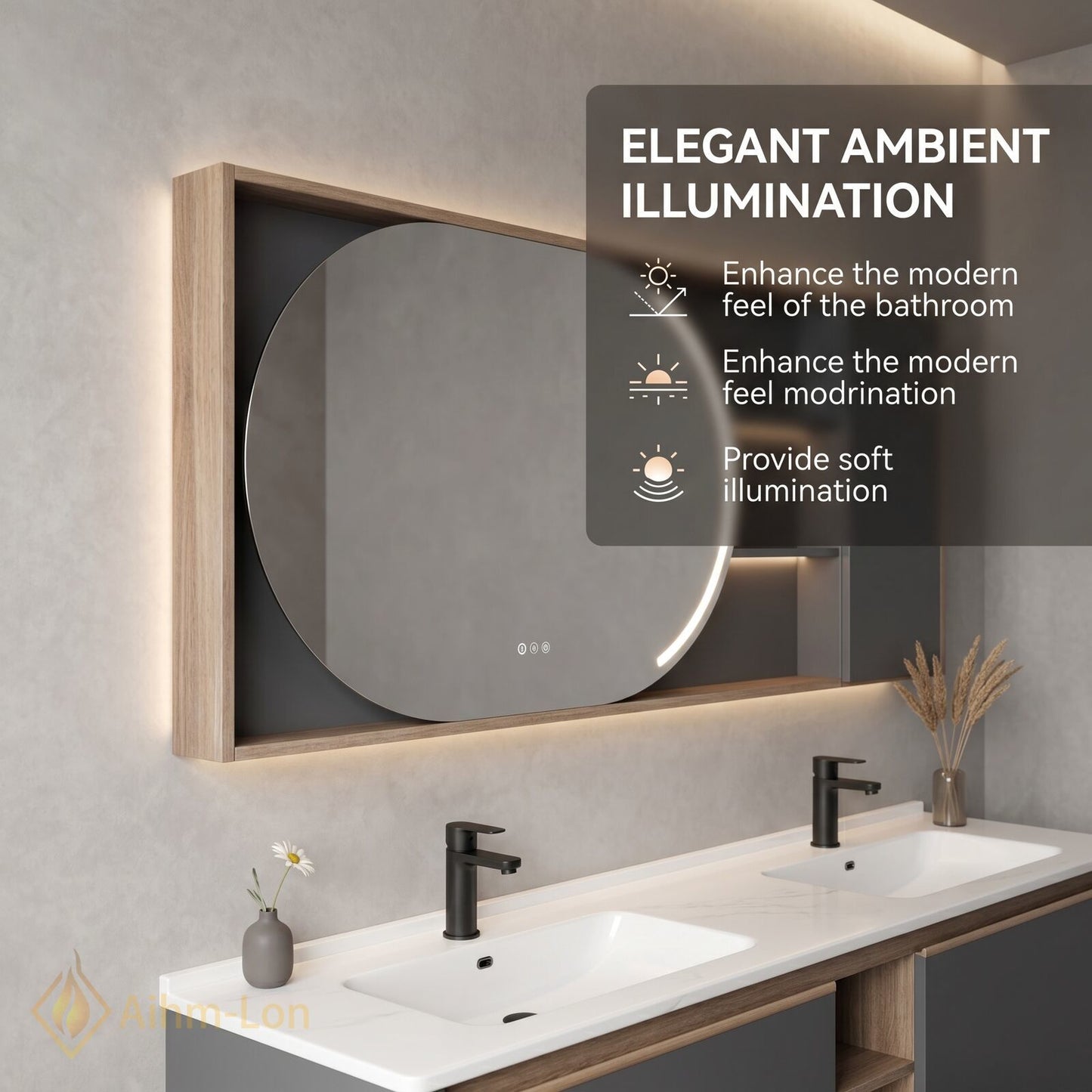 60''-96'' Floating Bathroom Vanity with Sink Dual Integrated Basins Grey Doors Oval Mirror Cabinet