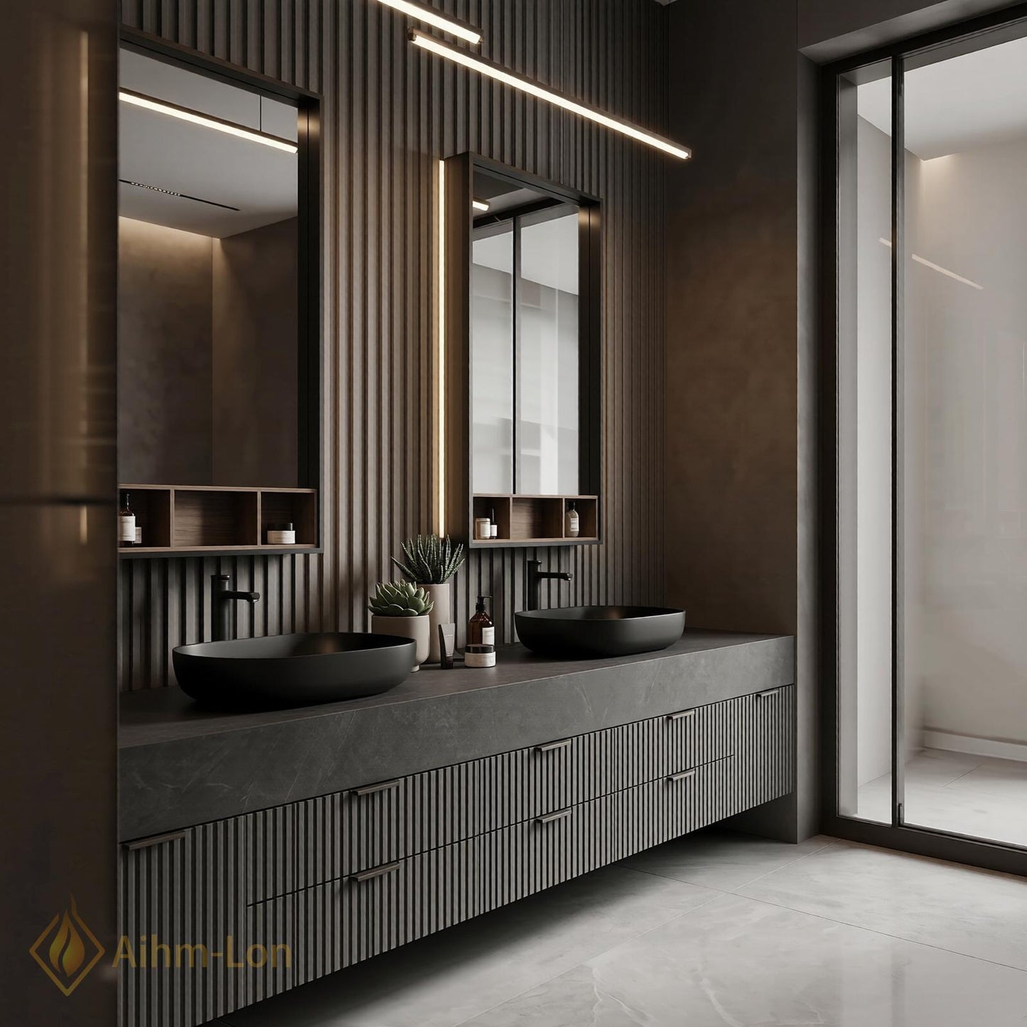 76''-96'' Modern Double Bathroom Vanity with Sink Dark Stone Slatted Front Panels