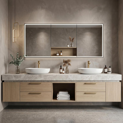 60''-96'' Elegant Bathroom Vanity with Sink Double Sink Light Oak Finish Open Center Storage