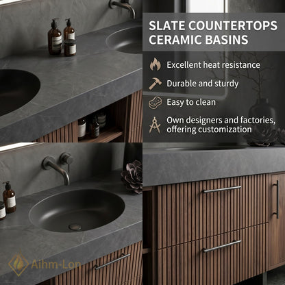 72''-96'' Double Bathroom Vanity with Sink Dark Walnut Slatted Center Open Shelving