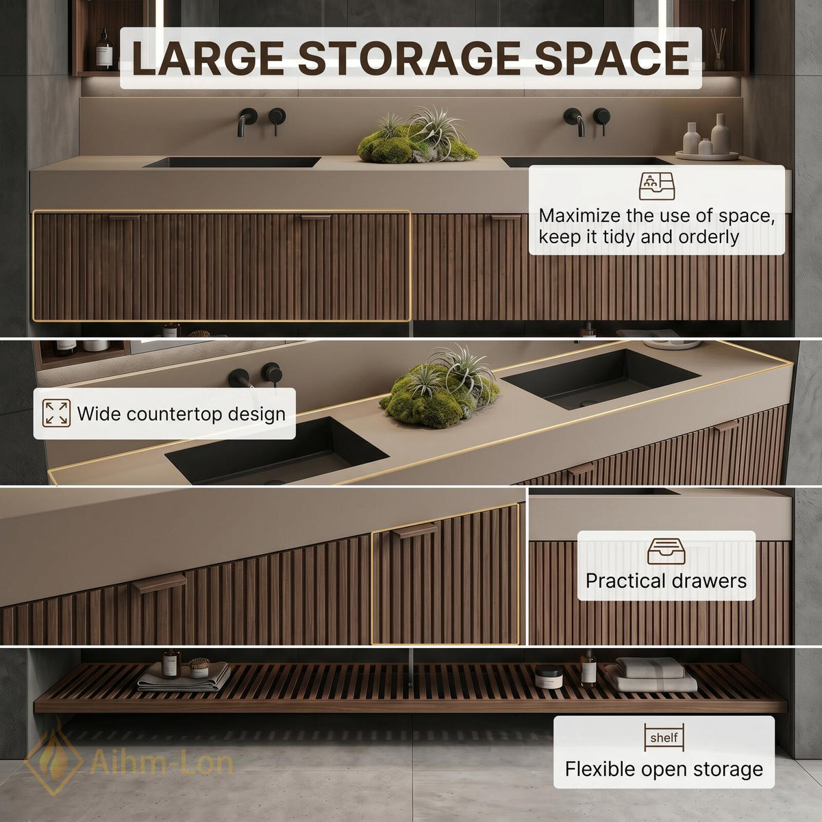60''-96'' Double Bathroom Vanity with Sink Modern Walnut Slatted Panel Open Base Shelf