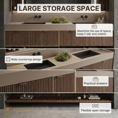 60''-96'' Double Bathroom Vanity with Sink Modern Walnut Slatted Panel Open Base Shelf