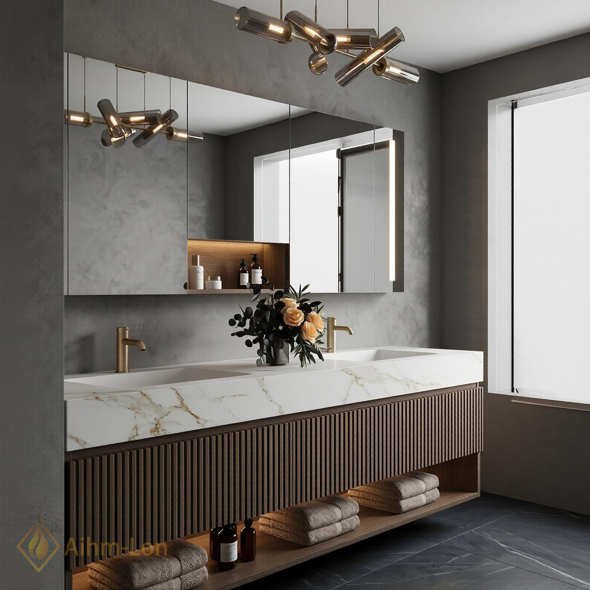 60''-96'' Double Bathroom Vanity with Sink Modern Floating Warm Wood Slatted Panel