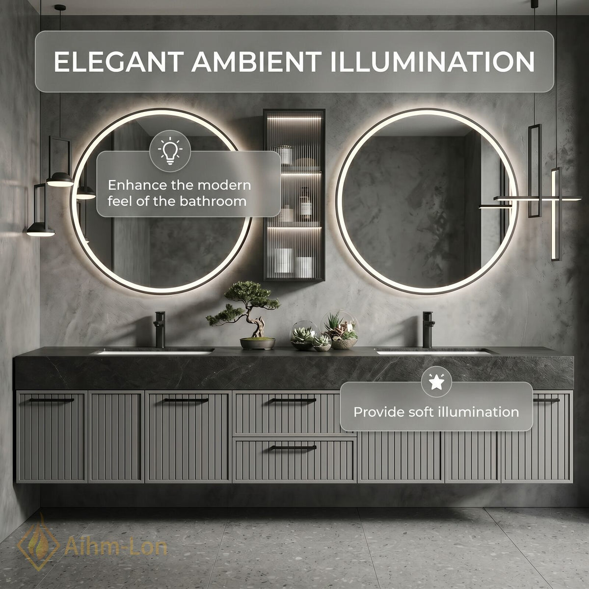 60''-96'' Bathroom Vanity with Sink Vertical Slatted Doors Slate Texture Top Floating