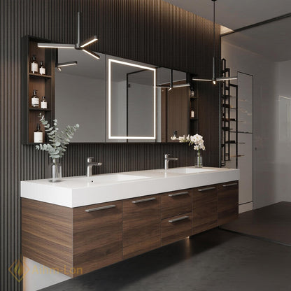 60''-96'' Double Bathroom Vanity with Sink Dark Walnut White Counter Slatted Panel