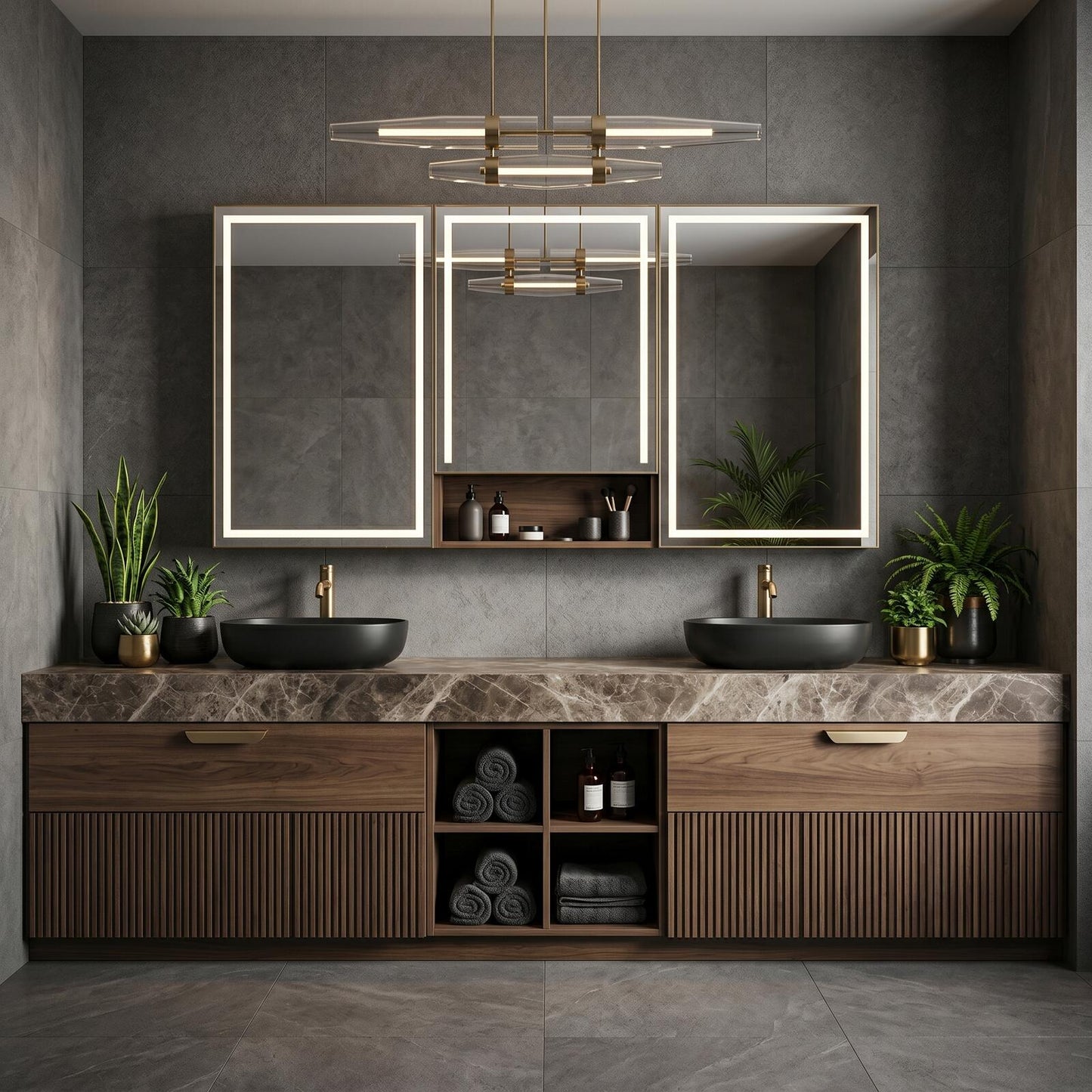 60''-96'' Modern Bathroom Vanity with Sink Double Sink Dark Walnut Slatted Marble Pattern Cabinet