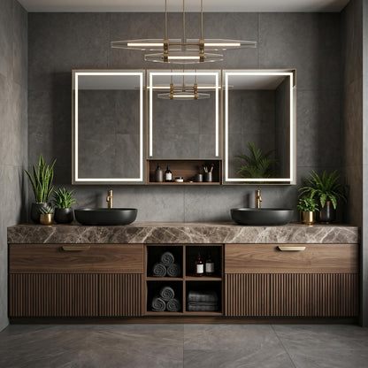 60''-96'' Modern Bathroom Vanity with Sink Double Sink Dark Walnut Slatted Marble Pattern Cabinet