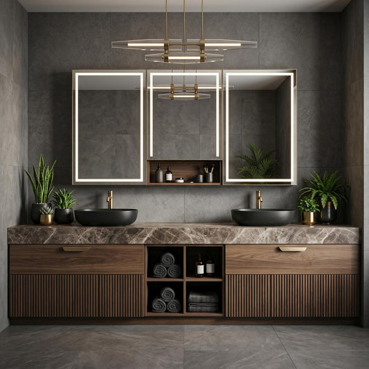 60''-96'' Modern Bathroom Vanity with Sink Double Sink Dark Walnut Slatted Marble Pattern Cabinet