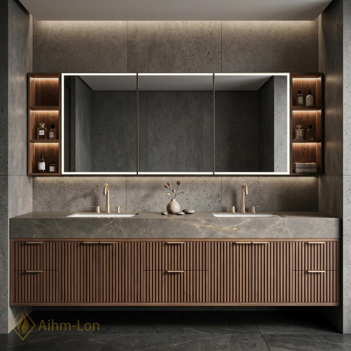 60''-96'' Bathroom Vanity with Sink Modern Floating Grey Stone Top Ribbed Slats