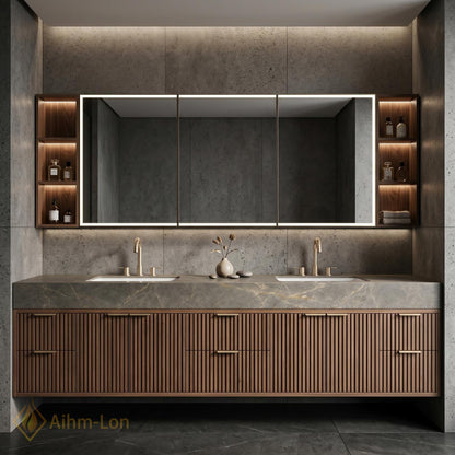 60''-96'' Bathroom Vanity with Sink Modern Floating Grey Stone Top Ribbed Slats