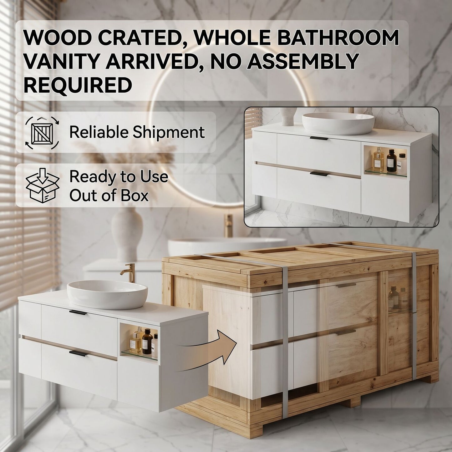 36''-64'' Modern Bathroom Vanity with Sink Floating White Anti-Fog Open Side Shelving