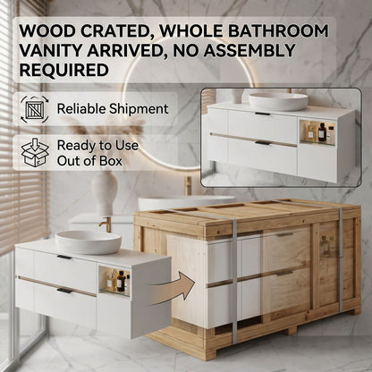 36''-64'' Modern Bathroom Vanity with Sink Floating White Anti-Fog Open Side Shelving