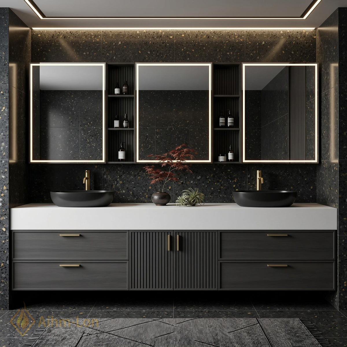 60''-96'' Double Bathroom Vanity with Sink Modern Slatted Center Panel Open Wall
