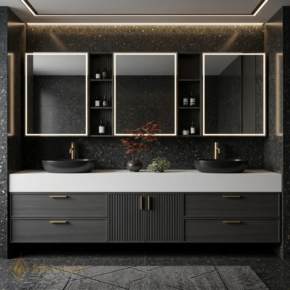 60''-96'' Double Bathroom Vanity with Sink Modern Slatted Center Panel Open Wall