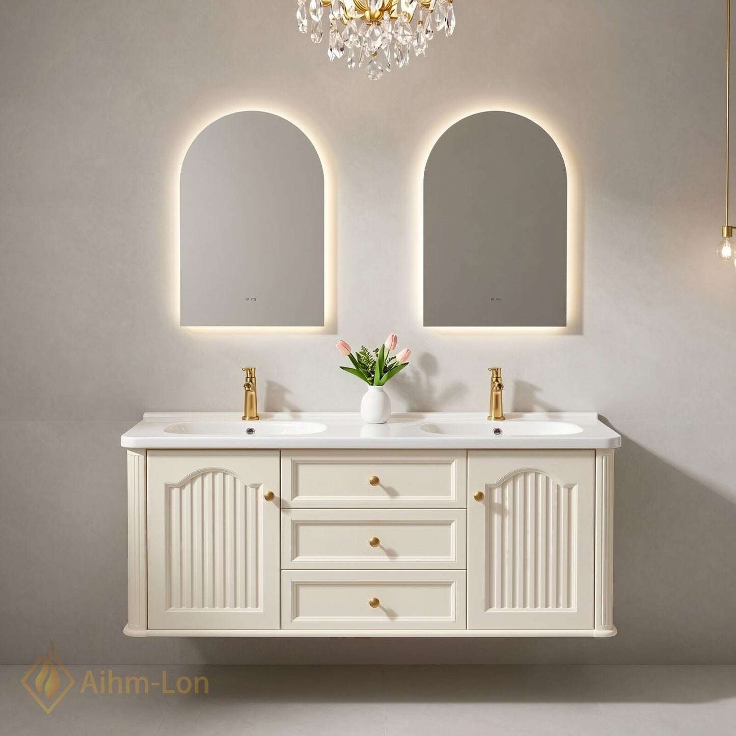 60''-96'' Modern Bathroom Vanity with Sink Floating Cream Arch-Topped Mirrors Drawers Storage