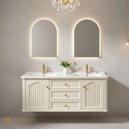 60''-96'' Modern Bathroom Vanity with Sink Floating Cream Arch-Topped Mirrors Drawers Storage