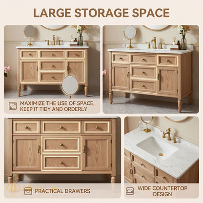 52''-64'' Classic Bathroom Vanity with Sink Oak Wood Turned Leg Open Drawers