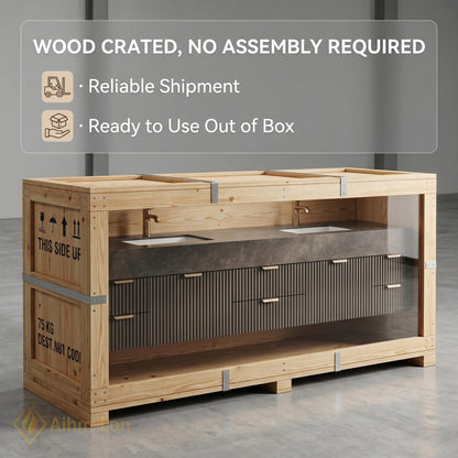 60''-96'' Double Bathroom Vanity with Sink Slatted Front Dark Stone Finish Storage