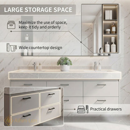 60''-96'' Modern Bathroom Vanity with Sink Thick Marble Floating Drawers Mirror Cabinet