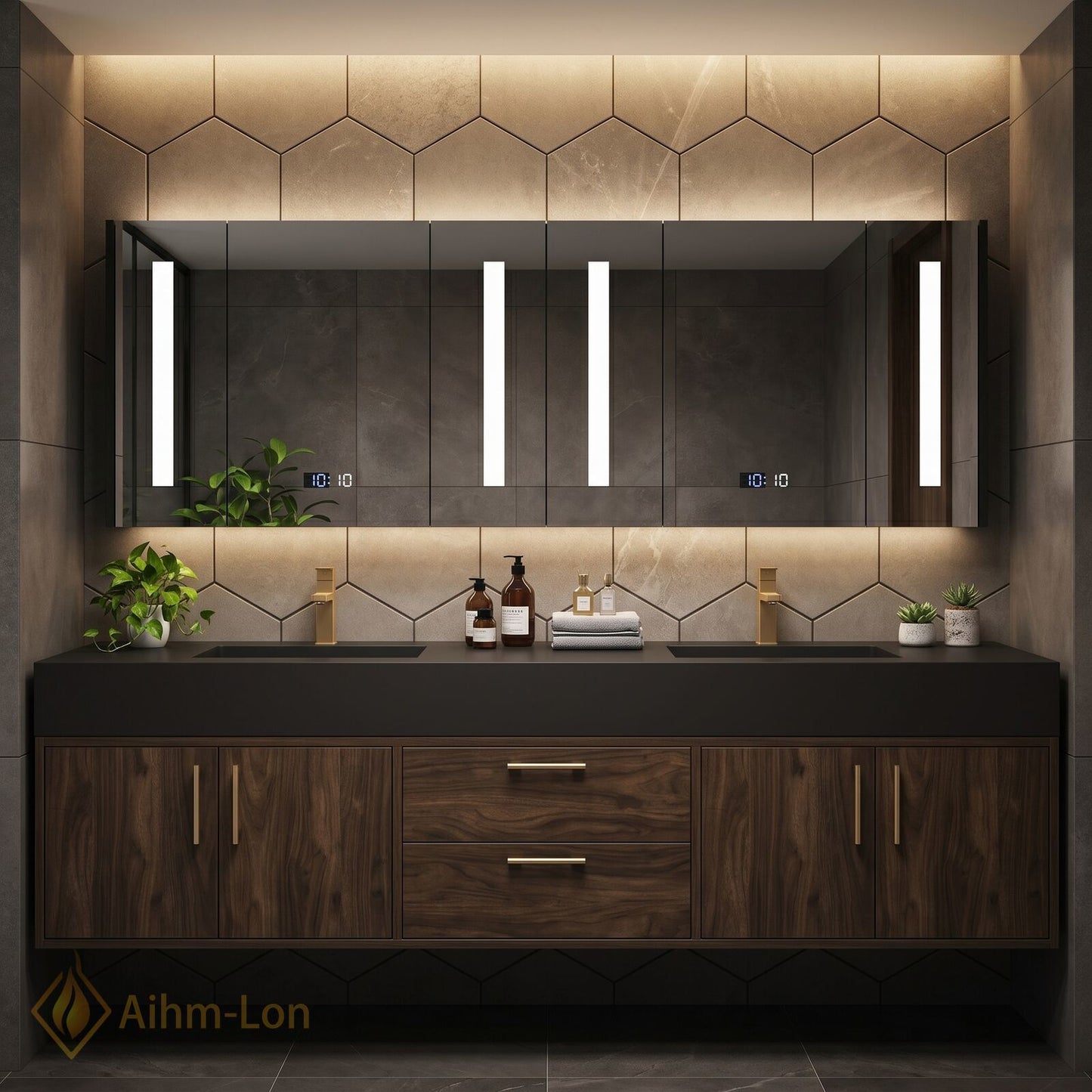 60''-96'' Double Bathroom Vanity with Sink Floating Wall-Mounted Design Dark Solid Countertop