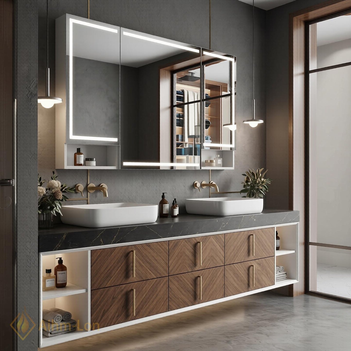 68''-96'' Double Bathroom Vanity with Sink Modern Floating Dark Stone Top Chevron