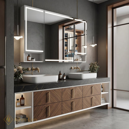 68''-96'' Double Bathroom Vanity with Sink Modern Floating Dark Stone Top Chevron