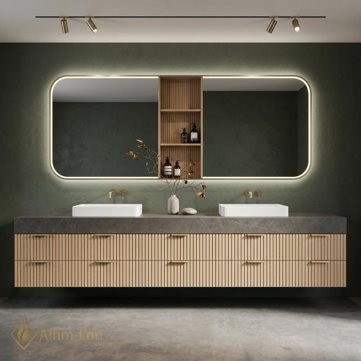 60''-96'' Double Bathroom Vanity with Sink Geometric Grey Stone Slatted Wood Panels