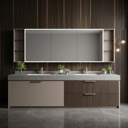 60''-96'' Modern Bathroom Vanity with Sink Double Sink Slatted Front Panels Mirror Cabinet
