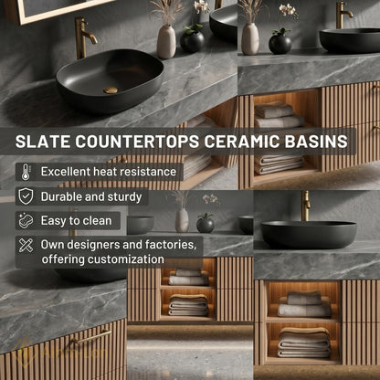 60''-96'' Double Bathroom Vanity with Sink Modern Grey Marble-Look Slatted Panel Front