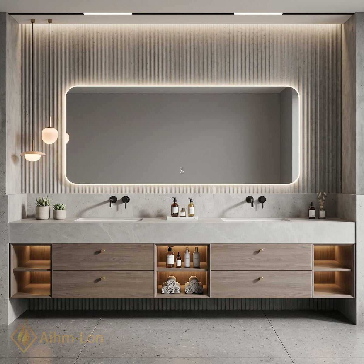 76''-96'' Double Bathroom Vanity with Sink Light Gray Stone Veneer Drawers Storage
