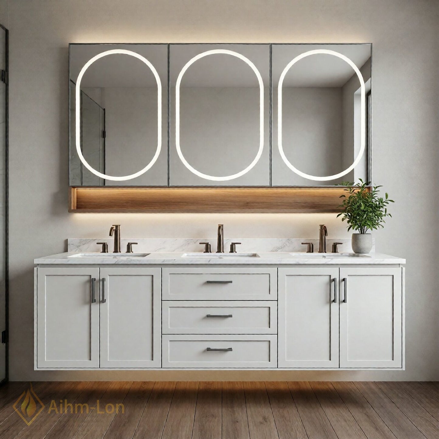 72''-96'' Triple Bathroom Vanity with Sink Triple Basin Marble Surface Floating Design