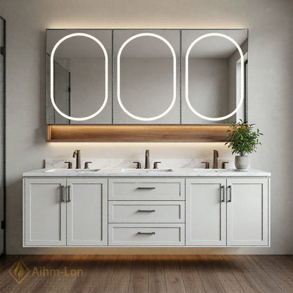 72''-96'' Triple Bathroom Vanity with Sink Triple Basin Marble Surface Floating Design