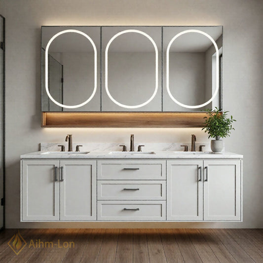 72''-96'' Triple Bathroom Vanity with Sink Triple Basin Marble Surface Floating Design