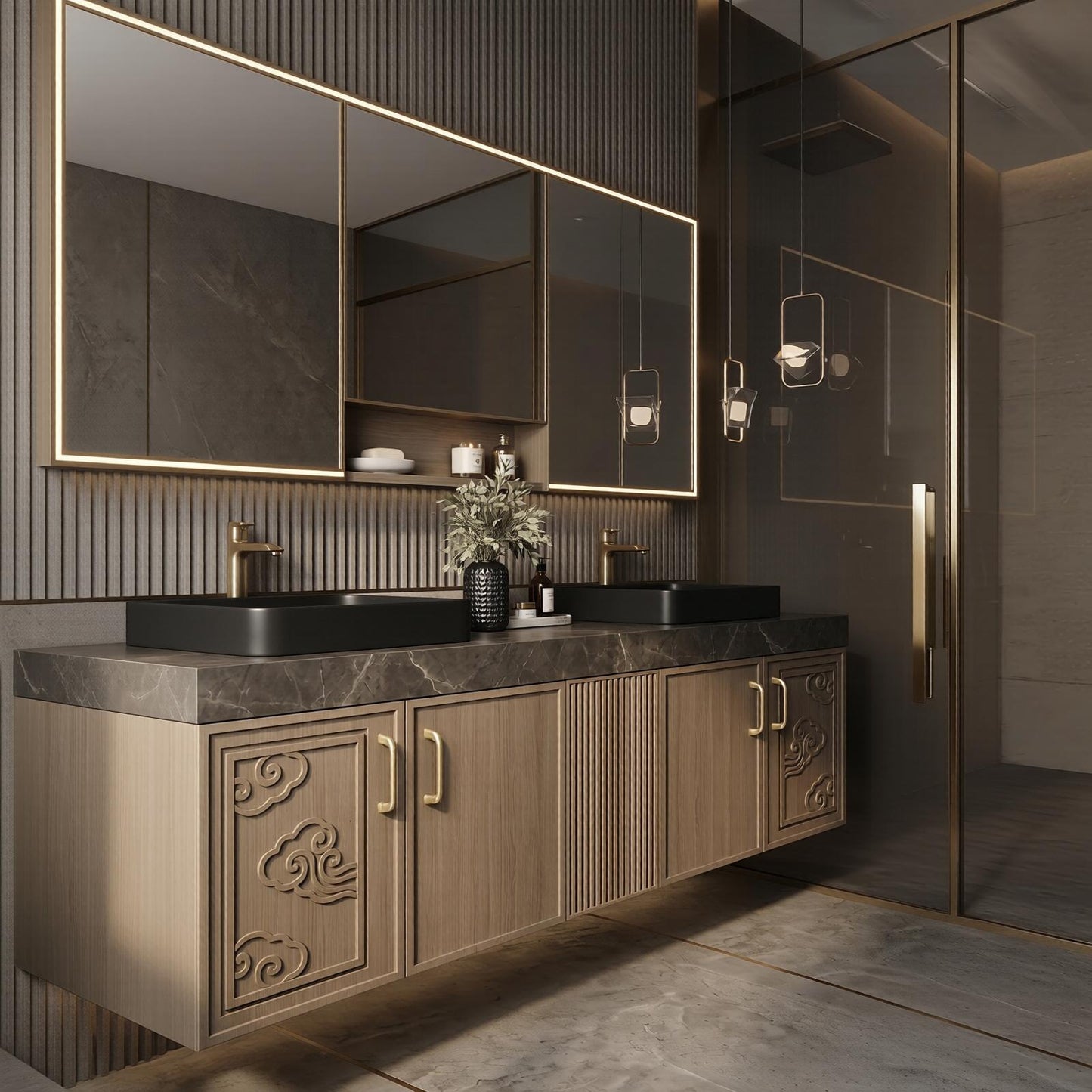 60''-96'' Modern Bathroom Vanity with Sink Double Sink Carved Cloud Oak Wood Grain Cabinet