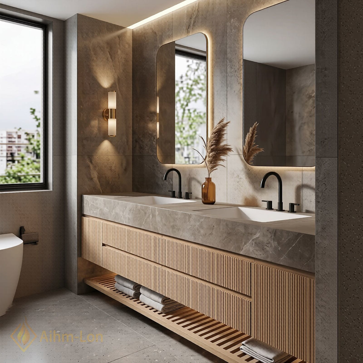60''-96'' Double Bathroom Vanity with Sink Soft Gray Stone Vertical Slatted Panel