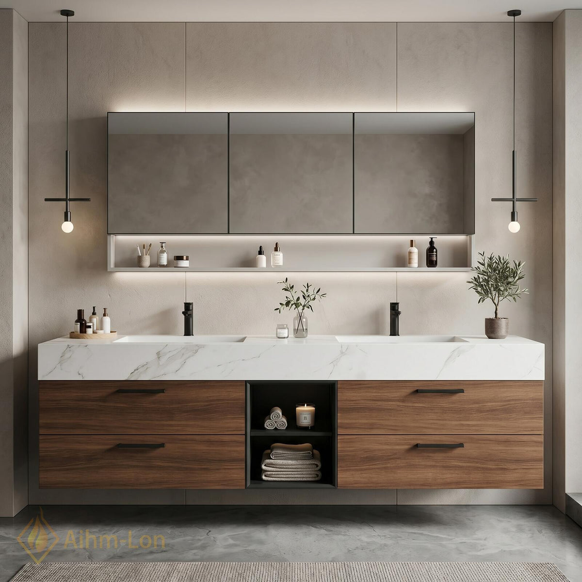 60''-96'' Double Bathroom Vanity with Sink Floating Wood-Grain Finish Open Slatted Shelf
